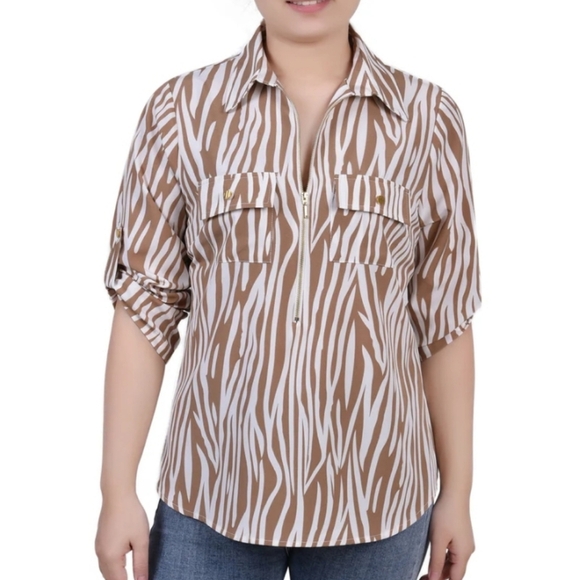 4/$18 Brown Zebra Lightweight Zipper V Neck Blouse 3/4 Sleeves - Picture 1 of 7